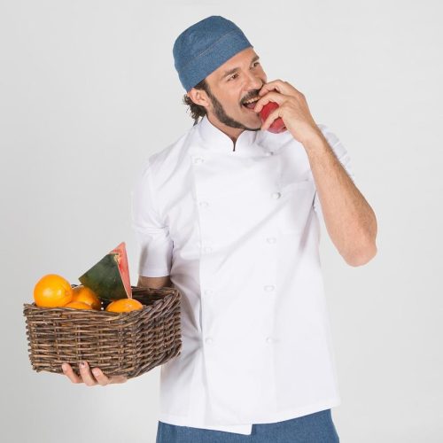 CHAQUETA COCINA UNISEX BOTÓN FORRADO M/C BLANCA